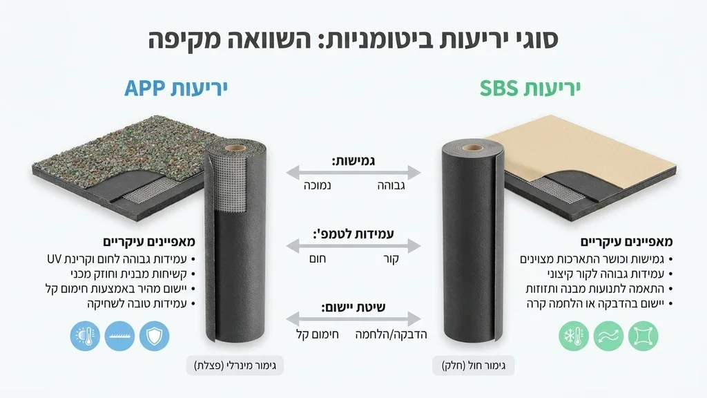 נוצר על ידי מודל בינה מלאכותית Gemini Pro גלילי יריעות ביטומניות מסוגים שונים מוכנים להתקנה על גג