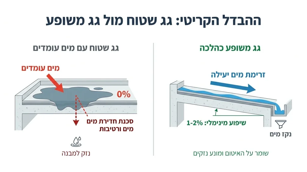 נוצר על ידי מודל בינה מלאכותית Gemini Pro חשיבות יציקת שיפועים בגג שטוח