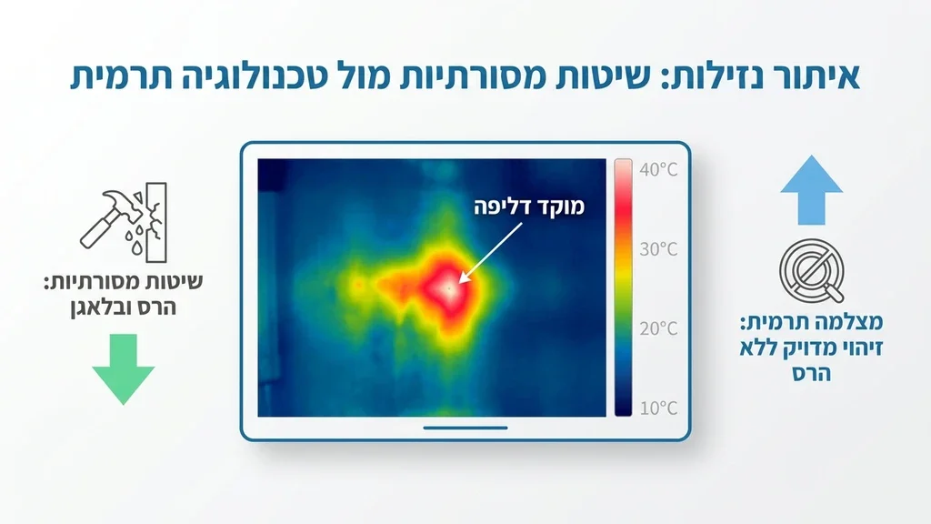 נוצר על ידי מודל בינה מלאכותית Gemini Pro תצוגת מצלמה תרמית המאתרת דליפת מים סמויה תת רצפתית